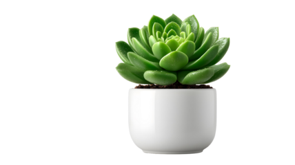 Elegant green succulent plant in a white pot against a transparent background