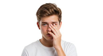 Teenager with light brown hair covering one eye showing sadness.