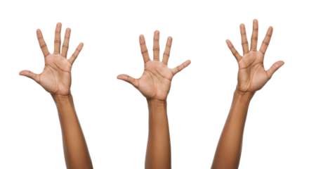 Three DarkSkinned Hands Raised Upward on White Background.