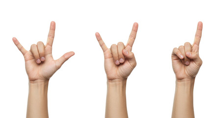 Three Hands Displaying Different Gestures on White Background.