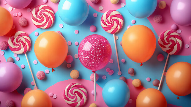 Playful pastel party decorations. A fun array of colorful balloons and candy lollipops on a cheerful pastel background, ideal for a birthday or celebratory event.