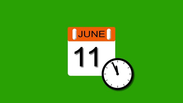 4K calendar animation June 11 date 2025 animation. clock and black background clean and stunning 4k animation.