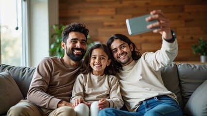 Obraz premium Happy muslim family making a video call or taking a selfie while sitting together on the couch during Eid Mubarak in the living room 