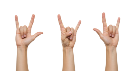 Three Hands Displaying Rock and Roll Gesture on White.