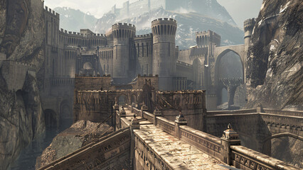 Fantasy medieval castle with stone bridge and mountains