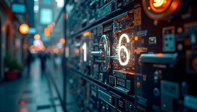 Complex server rack with illuminated 1  6 against blurry urban background - Powered by Adobe