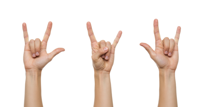 Three Hands Displaying Rock and Roll Gesture on White.