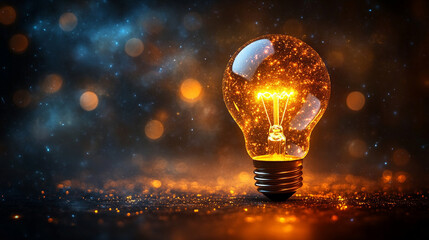 Futuristic business strategy concept with glowing light bulb and graphic icons symbolizing innovation, planning, growth, and economic development. Ideal for business, marketing, and competition themes