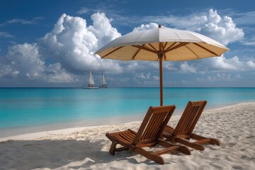 Fototapeta premium Beach chairs under umbrella on tropical beach with sailboats in the distance. for travel, vacation, relaxation concepts.