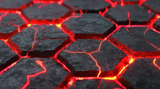 Lava flowing through hexagonal rock patterns with glowing cracks.