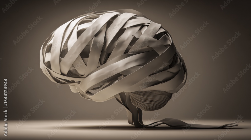 Aufkleber Conceptual Brain Made of Twisted Ribbons Represents Symbolic Tension and Complexity of Thought in an Abstract Manner, Exploring Mental Processes and Emotions