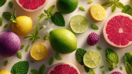 Vibrant assortment of citrus fruits and fresh greenery for a zesty composition