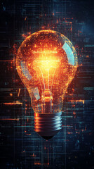 Futuristic business strategy concept with glowing light bulb and graphic icons symbolizing innovation, planning, growth, and economic development. Ideal for business, marketing, and competition themes