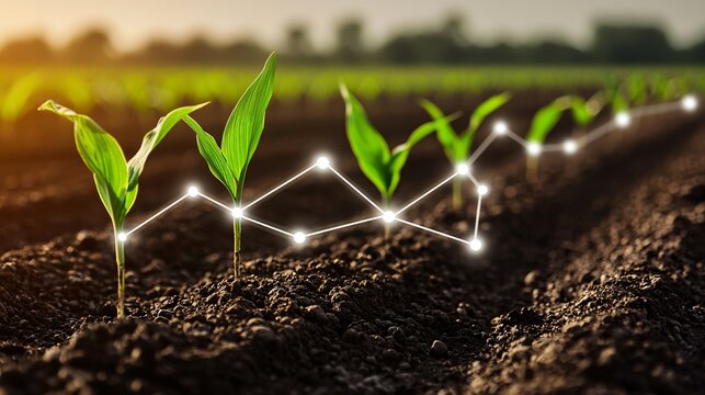 satellite-connected smart farm network, cloud data sync icon over field, agri-infrastructure