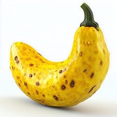 A close up image of a uniquely curved yellow gourd on a simple white background in studio