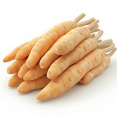 A close up image of freshly harvested bunches of pale orange carrots on white background