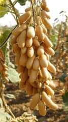 A close-up image of mature soy pods growing on a plant in a sunlit agricultural field