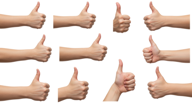 Twelve Hands Showing Thumbs Up Gesture Isolated on White Background.