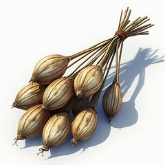 A digitally rendered image of a tied bundle of dried seed heads on a white background