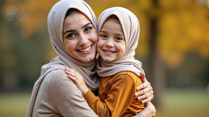 Naklejka premium Portrait of happy muslim woman in hijab and her daughter hugging and smiling, mom and daughter love each other 