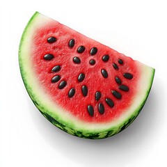 A freshly cut slice of ripe watermelon with black seeds on a white background image