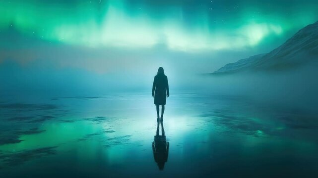 Mysterious figure standing under vibrant auroras by a tranquil lake.