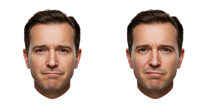 Two Mens Faces Showing Different Expressions on White Background.
