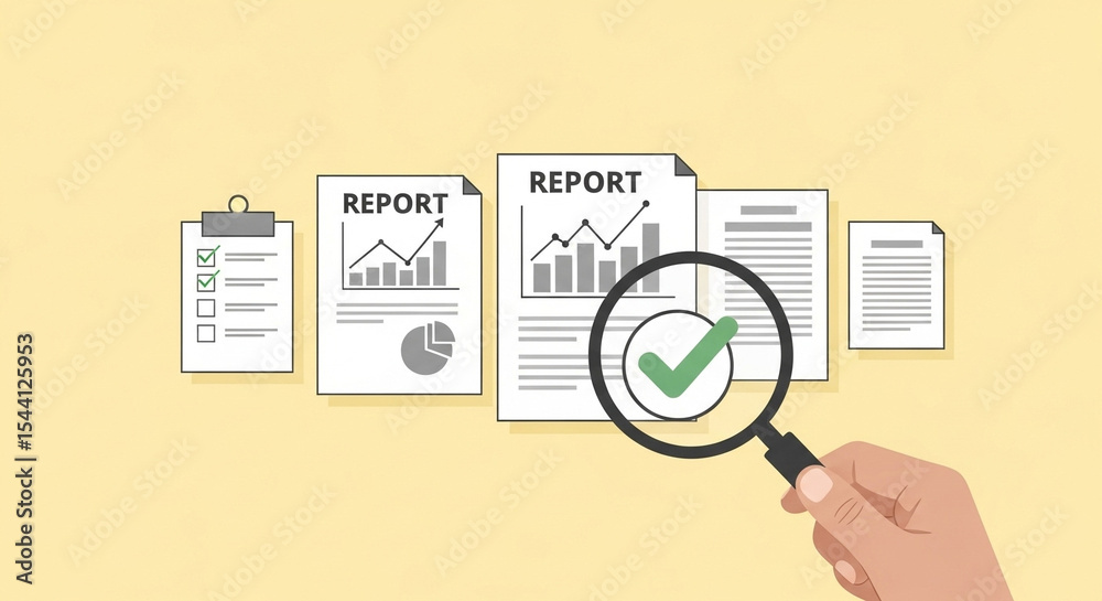 Poster Reviewing reports with charts and graphs using a magnifying glass on a yellow background design