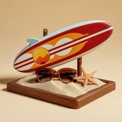 Surfboard, sunglasses, and starfish on a sandy display for summer vacation ads, beach themed decorations, and coastal promotions