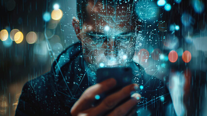 Man using smartphone in rain with futuristic digital rain and city lights