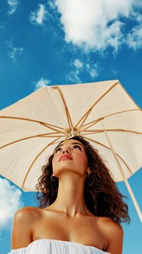 Woman under parasol gazing at blue sky with white clouds on a sunny day