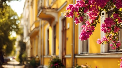 Fototapeta premium Sun - lit Street with Vibrant Yellow Buildings and Blooming Bougainvillea 
