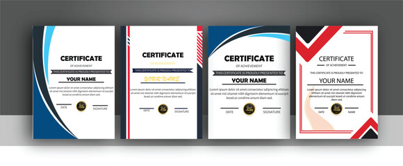 Four modern certificate templates with various color schemes are shown