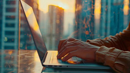 Person typing on laptop at sunset with city buildings and warm glow