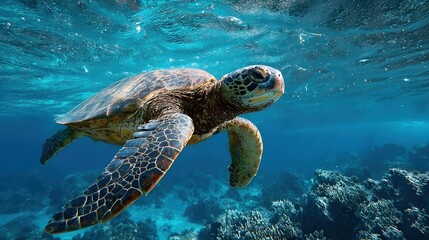 Obraz premium Underwater Sea Turtle Swimming over Coral Reef in Tropical Ocean 