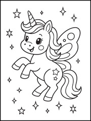 Fototapeta premium Illustration of a cute baby unicorn cartoon character. Black and white Printable Unicorn coloring page for kids ages 3-8.