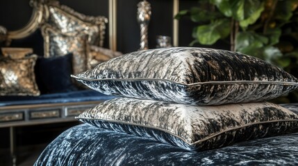 Luxurious velvet cushions stacked on a plush bed.