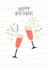 Hand drawn birthday illustration with two champagne glasses, colorful confetti, and festive stars on a striped background. Cheerful celebration design for greeting cards, party invites