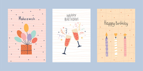Hand drawn birthday card set with balloons, candles, and celebration drinks. Fun and minimal illustration in pastel tones. Great for greeting cards, party invites, and festive design projects.