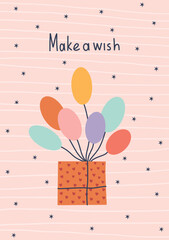 Hand drawn birthday illustration with colorful balloons flying out of a gift box. Cute pastel design on a pink striped background with scattered stars. Perfect for greeting cards, party decor