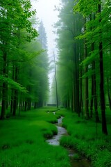 Obraz premium Misty Green Forest Path Serene Nature Scene with Stream