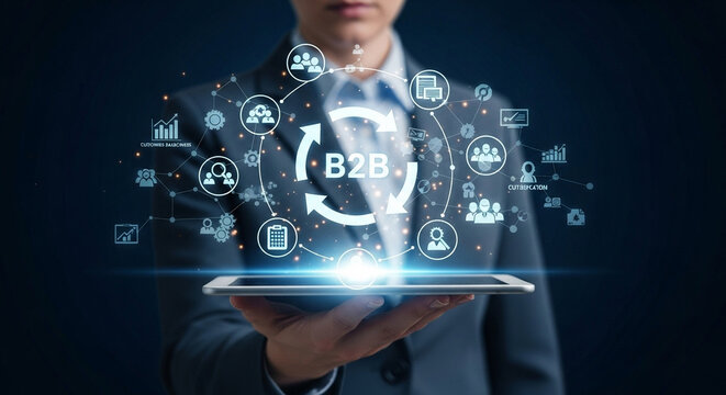 Business person presenting b to b concept on tablet with icons and dark blue background design view - Powered by Adobe