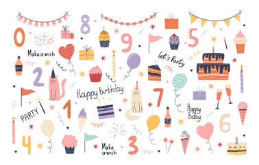 Hand drawn birthday celebration set with cute party elements, numbers, cakes, gifts, and festive decor. Colorful doodle style bundle perfect for kids designs, invitations, and printable materials.