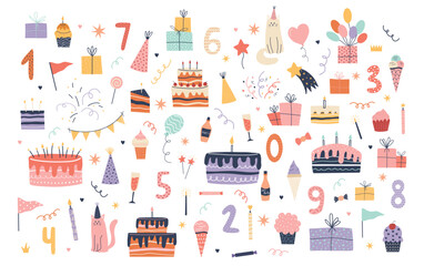 Hand drawn birthday celebration elements: cakes, gifts, candles, numbers, cats, ice cream, cupcakes, party hats, garlands and balloons. Fun pastel collection for kids party, invitation, sticker pack