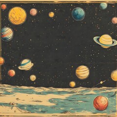 Fototapeta premium Celestial bodies in space, vintage style