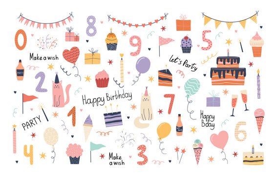 Hand drawn birthday celebration set with cute party elements, numbers, cakes, gifts, and festive decor. Colorful doodle style bundle perfect for kids designs, invitations, and printable materials.