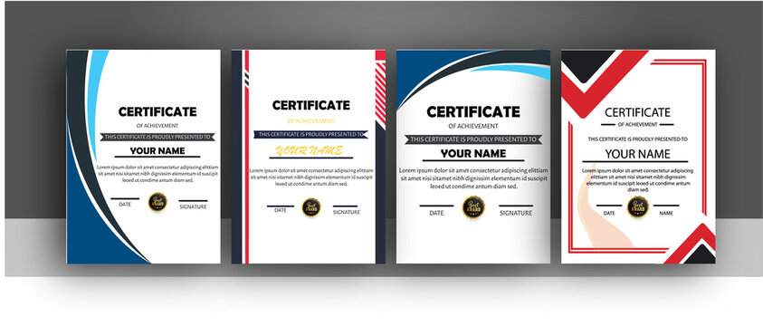 Four modern certificate templates with various color schemes are shown