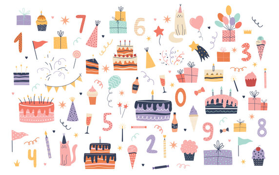 Hand drawn birthday celebration elements: cakes, gifts, candles, numbers, cats, ice cream, cupcakes, party hats, garlands and balloons. Fun pastel collection for kids party, invitation, sticker pack