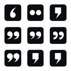 Set of 9 black vector quote icons arranged in a 3x3 grid. Ideal for typography, communication, social media, design projects, testimonials, and editorial layouts.

