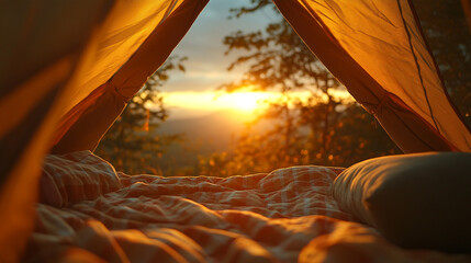 Sunrise view from inside a softly blurred triangular tent opening, overlooking a breathtaking mountaintop landscape. Warm morning light enhances the serene and peaceful outdoor camping experience.

